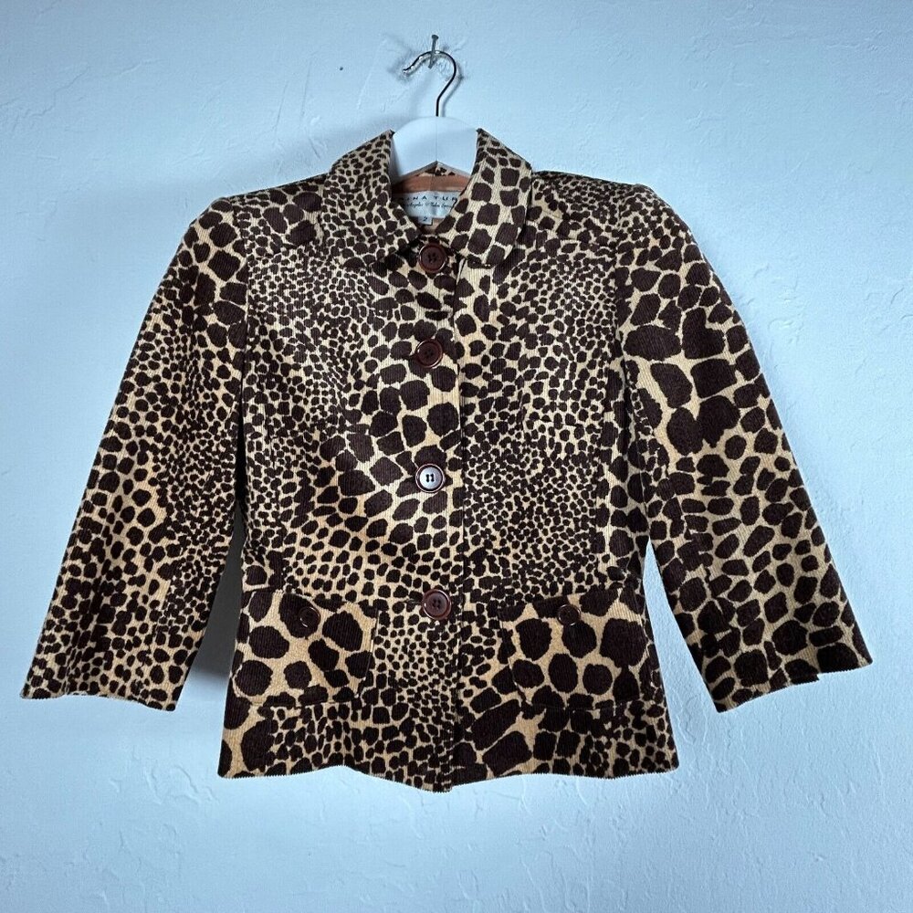 Trina Turk Women's 3/4 Sleeves Corduroy Blazer Jacket Brown Leopard Print Size 2